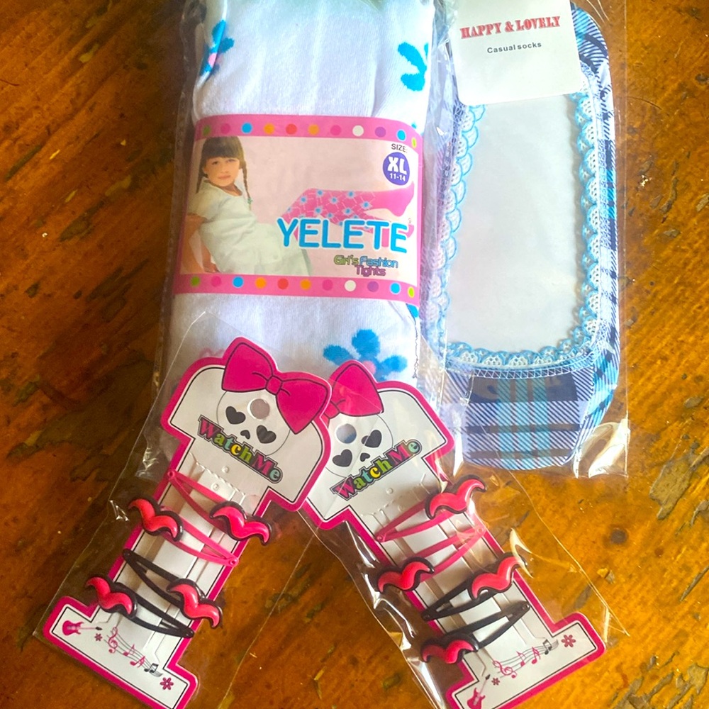 Pink and White Set of socks and hair accessories